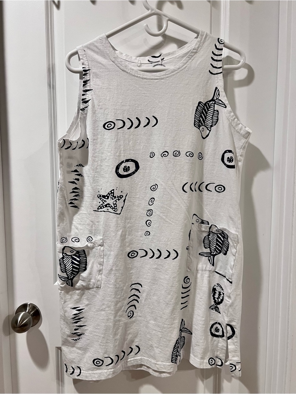 Cover Up Sundress Swim Sleeveless Women's White/Black Fish Graphic Print Pockets